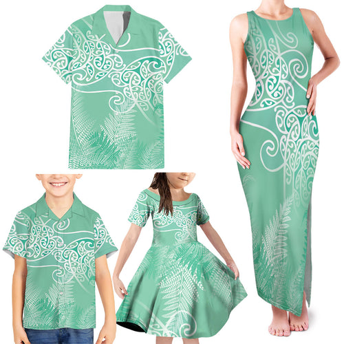 Aotearoa Maori Koru Curves Family Matching Tank Maxi Dress and Hawaiian Shirt Silver Ferns - Mint