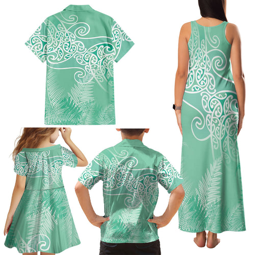Aotearoa Maori Koru Curves Family Matching Tank Maxi Dress and Hawaiian Shirt Silver Ferns - Mint