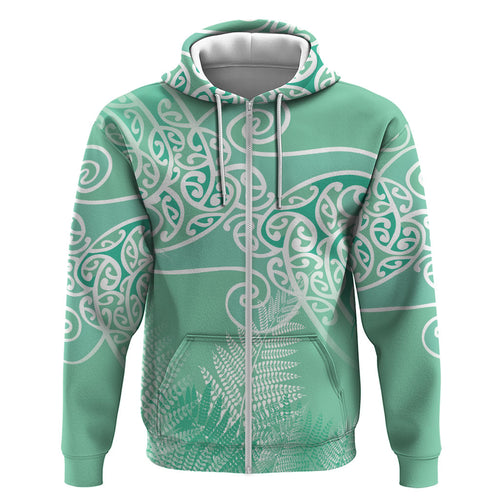 Aotearoa Maori Koru Curves Hoodie Silver Ferns - Mint