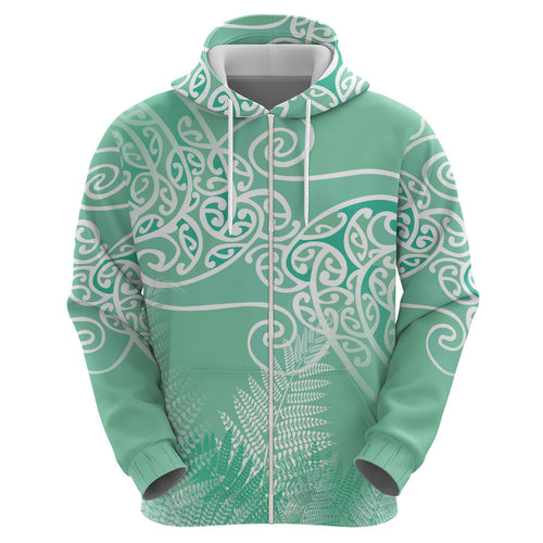 Aotearoa Maori Koru Curves Hoodie Silver Ferns - Mint