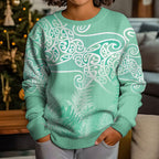 Aotearoa Maori Koru Curves Kid Ugly Christmas Sweater Silver Ferns - Mint
