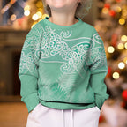 Aotearoa Maori Koru Curves Kid Ugly Christmas Sweater Silver Ferns - Mint