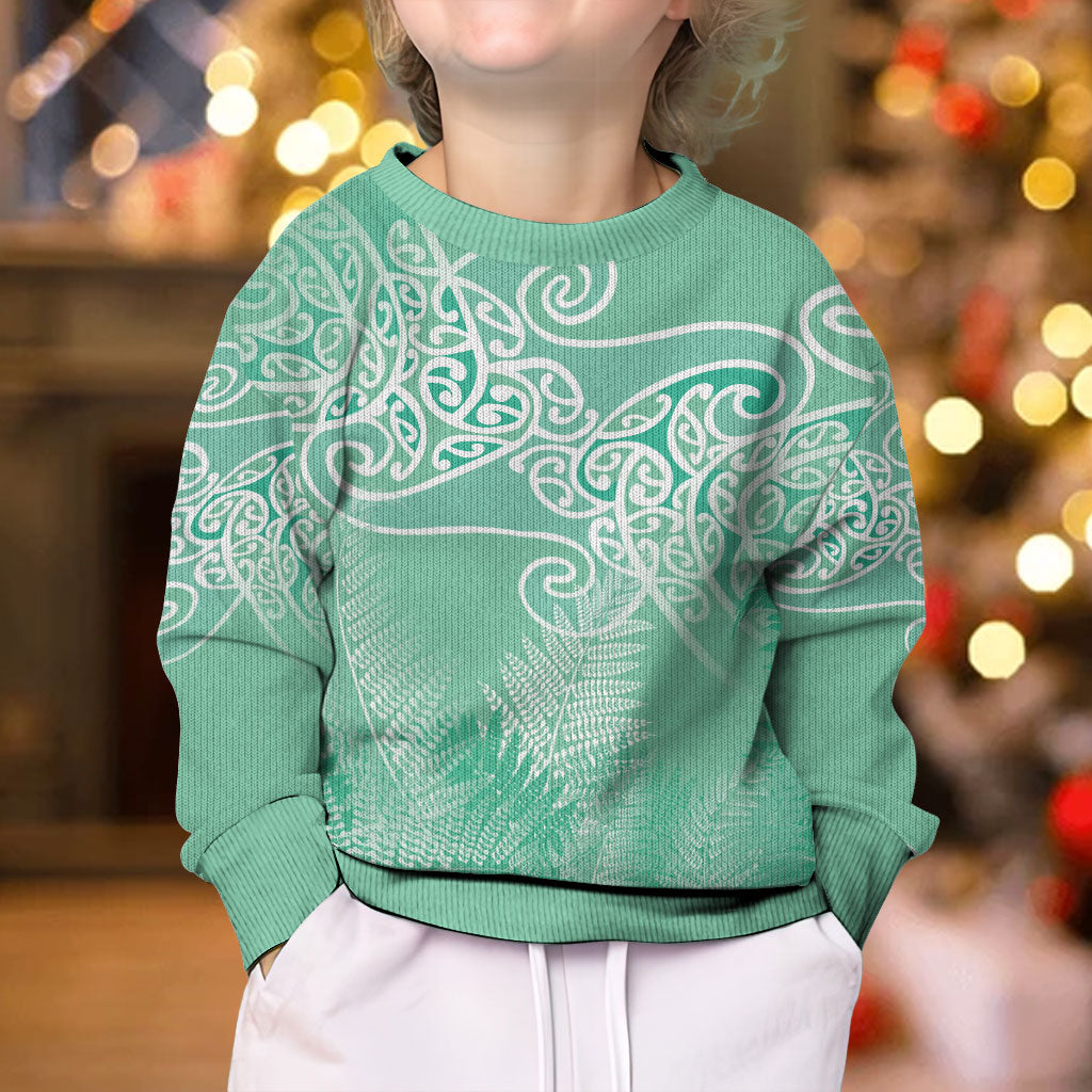 Aotearoa Maori Koru Curves Kid Ugly Christmas Sweater Silver Ferns - Mint