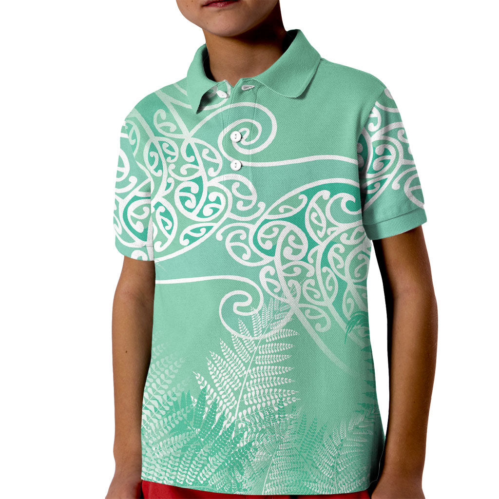 Aotearoa Maori Koru Curves Kid Polo Shirt Silver Ferns - Mint