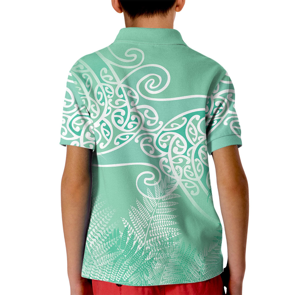 Aotearoa Maori Koru Curves Kid Polo Shirt Silver Ferns - Mint