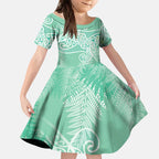 Aotearoa Maori Koru Curves Kid Short Sleeve Dress Silver Ferns - Mint