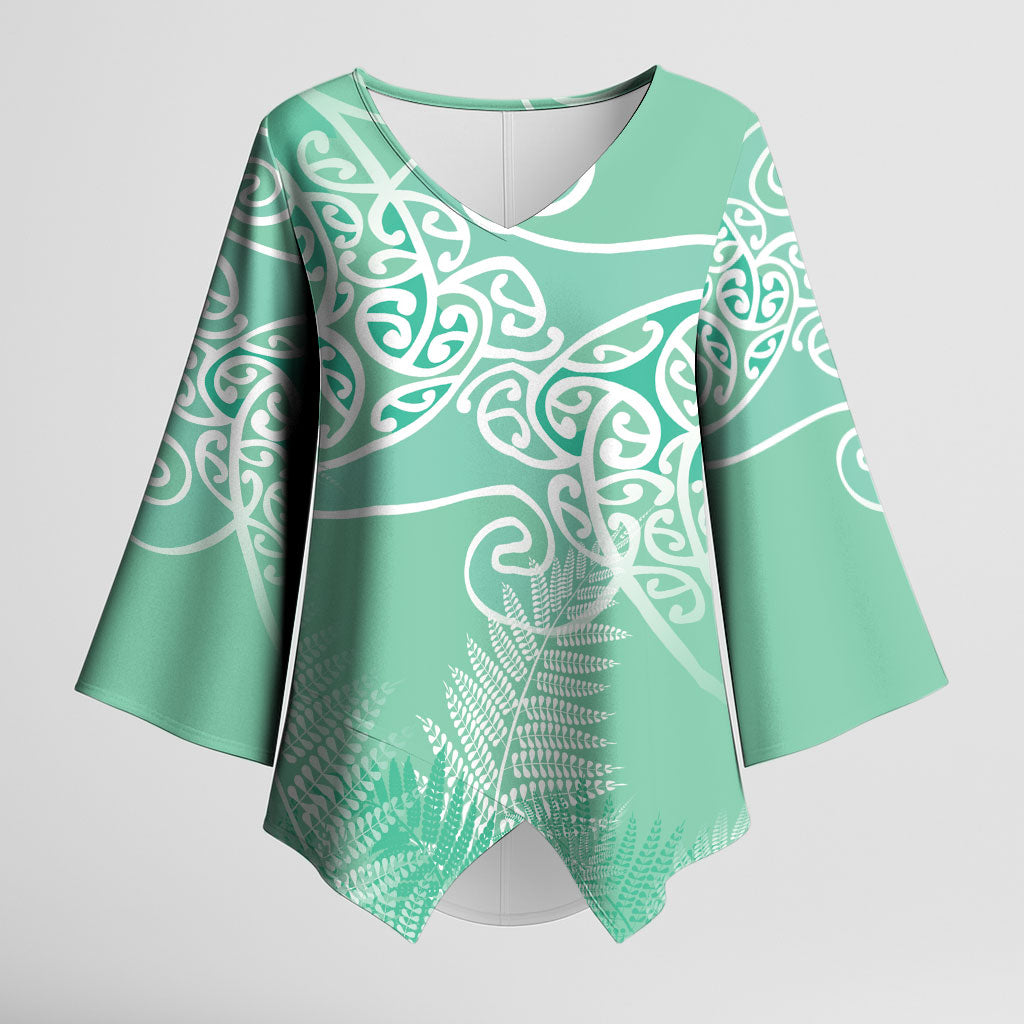Aotearoa Maori Koru Curves Kimono Sleeve Blouse Silver Ferns - Mint
