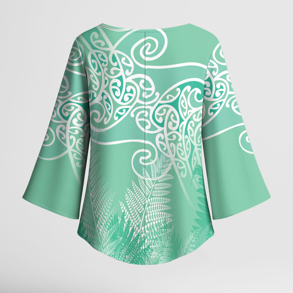 Aotearoa Maori Koru Curves Kimono Sleeve Blouse Silver Ferns - Mint