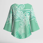 Aotearoa Maori Koru Curves Kimono Sleeve Blouse Silver Ferns - Mint