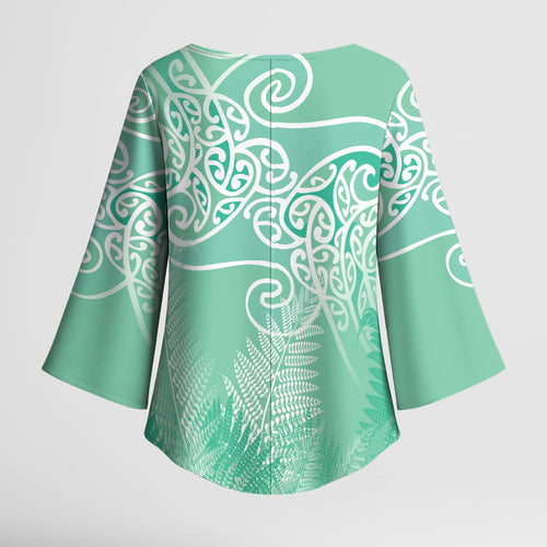 Aotearoa Maori Koru Curves Kimono Sleeve Blouse Silver Ferns - Mint