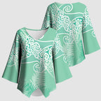 Aotearoa Maori Koru Curves Kimono Sleeve Blouse Silver Ferns - Mint