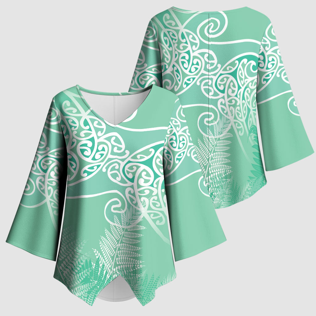 Aotearoa Maori Koru Curves Kimono Sleeve Blouse Silver Ferns - Mint