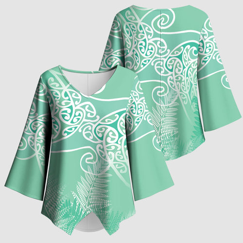 Aotearoa Maori Koru Curves Kimono Sleeve Blouse Silver Ferns - Mint