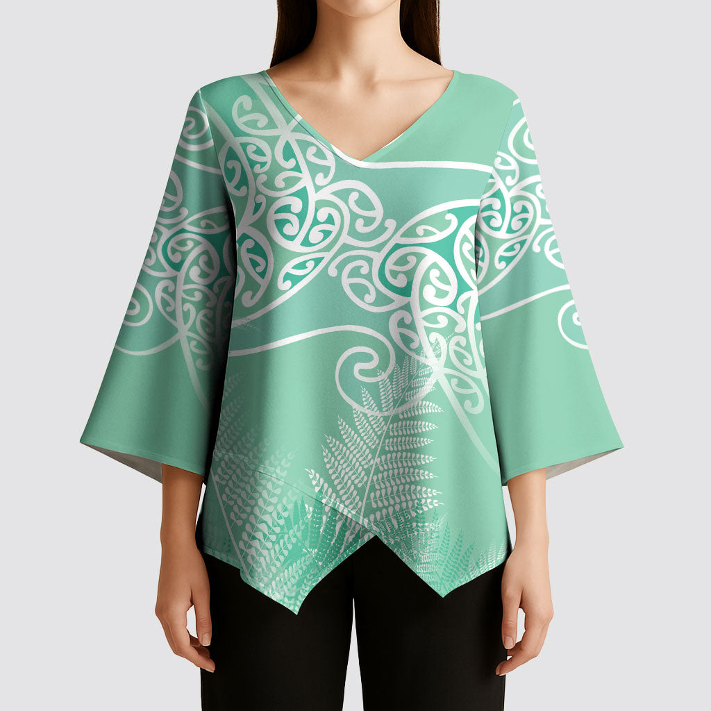 Aotearoa Maori Koru Curves Kimono Sleeve Blouse Silver Ferns - Mint