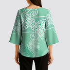Aotearoa Maori Koru Curves Kimono Sleeve Blouse Silver Ferns - Mint