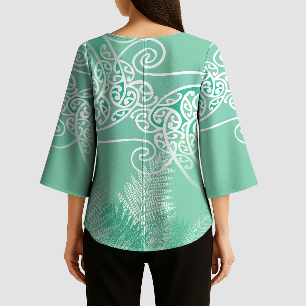 Aotearoa Maori Koru Curves Kimono Sleeve Blouse Silver Ferns - Mint