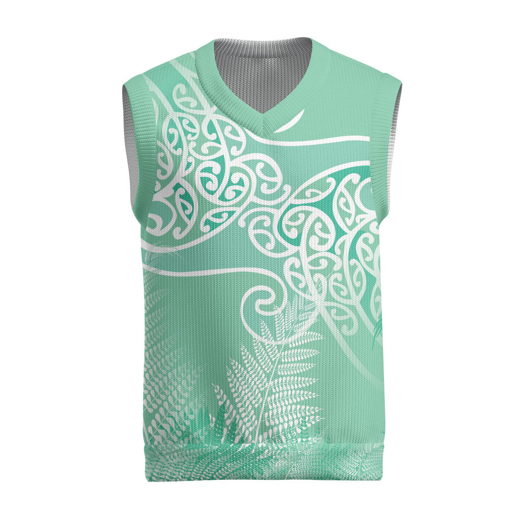 Aotearoa Maori Koru Curves Christmas Knitted V-Neck Vest Silver Ferns - Mint