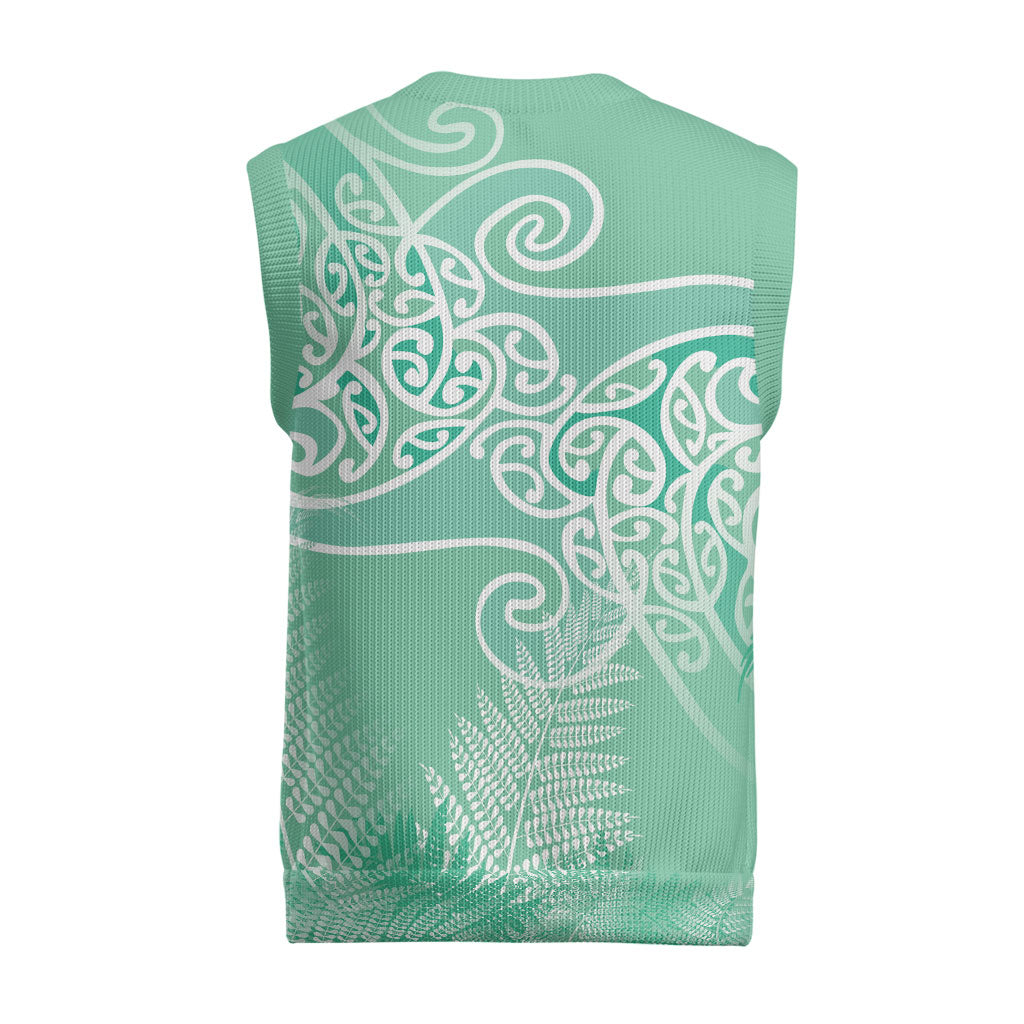 Aotearoa Maori Koru Curves Christmas Knitted V-Neck Vest Silver Ferns - Mint