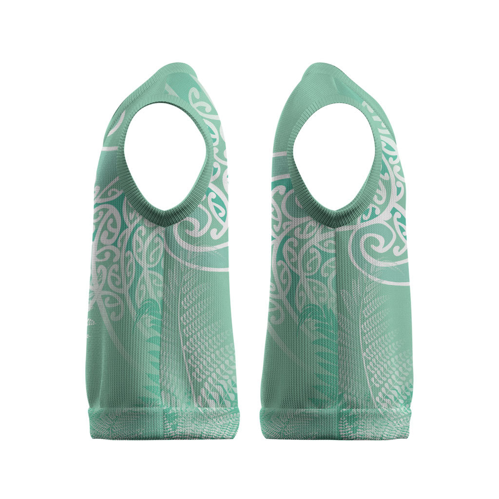 Aotearoa Maori Koru Curves Christmas Knitted V-Neck Vest Silver Ferns - Mint