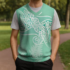 Aotearoa Maori Koru Curves Christmas Knitted V-Neck Vest Silver Ferns - Mint