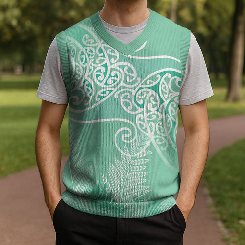 Aotearoa Maori Koru Curves Christmas Knitted V-Neck Vest Silver Ferns - Mint