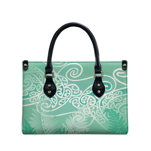 Aotearoa Maori Koru Curves Leather Bag Silver Ferns - Mint