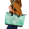 Aotearoa Maori Koru Curves Leather Tote Bag Silver Ferns - Mint