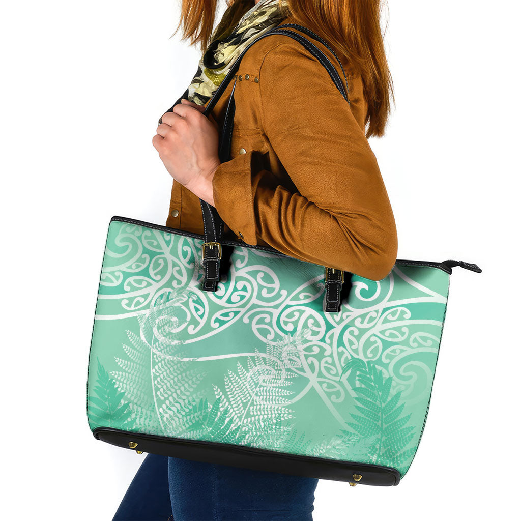 Aotearoa Maori Koru Curves Leather Tote Bag Silver Ferns - Mint