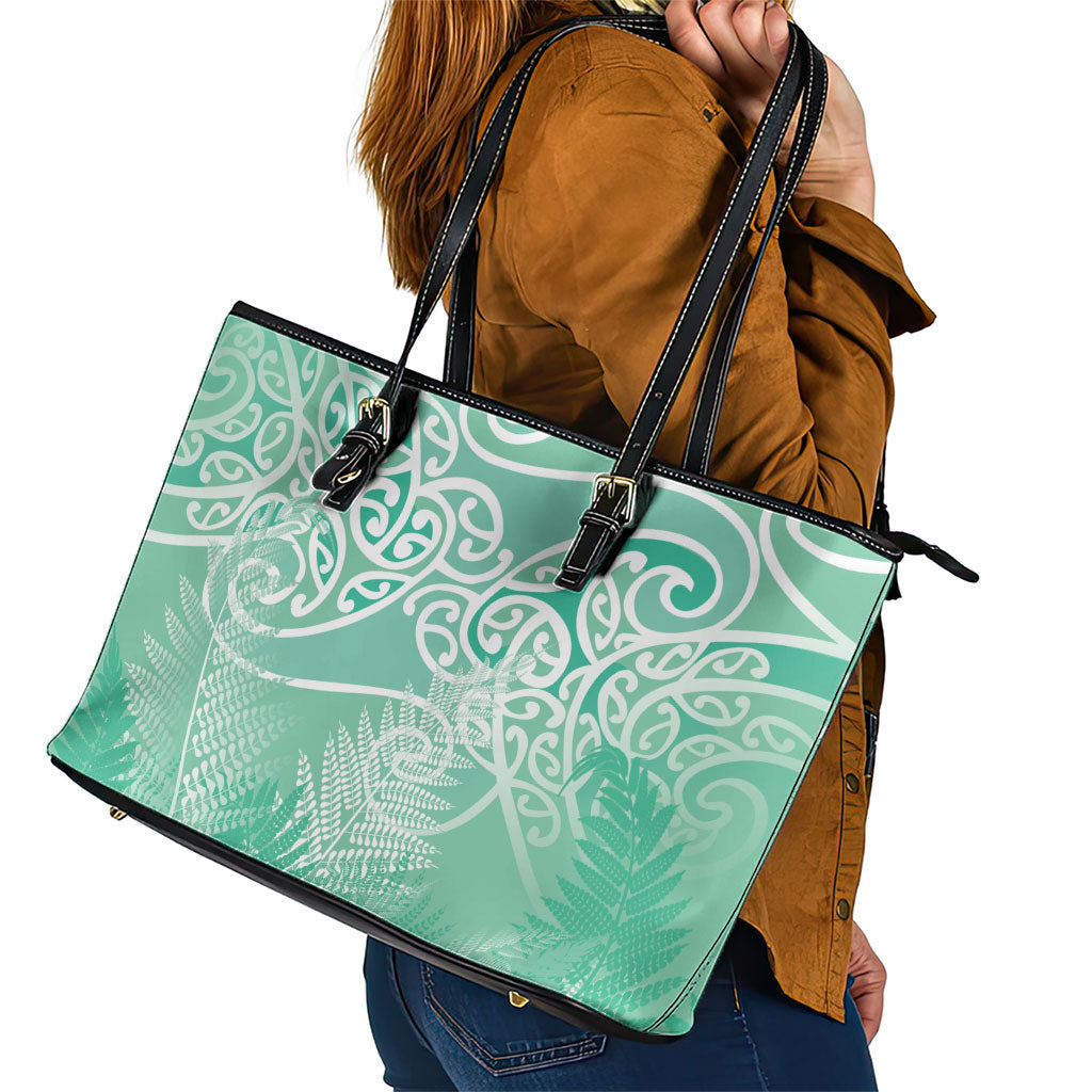 Aotearoa Maori Koru Curves Leather Tote Bag Silver Ferns - Mint