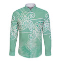 Aotearoa Maori Koru Curves Long Sleeve Button Shirt Silver Ferns - Mint