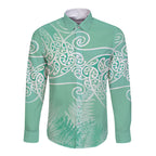 Aotearoa Maori Koru Curves Long Sleeve Button Shirt Silver Ferns - Mint