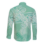 Aotearoa Maori Koru Curves Long Sleeve Button Shirt Silver Ferns - Mint