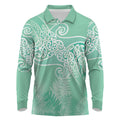 Aotearoa Maori Koru Curves Long Sleeve Polo Shirt Silver Ferns - Mint