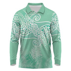Aotearoa Maori Koru Curves Long Sleeve Polo Shirt Silver Ferns - Mint