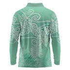 Aotearoa Maori Koru Curves Long Sleeve Polo Shirt Silver Ferns - Mint