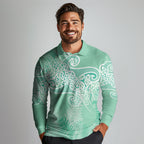Aotearoa Maori Koru Curves Long Sleeve Polo Shirt Silver Ferns - Mint