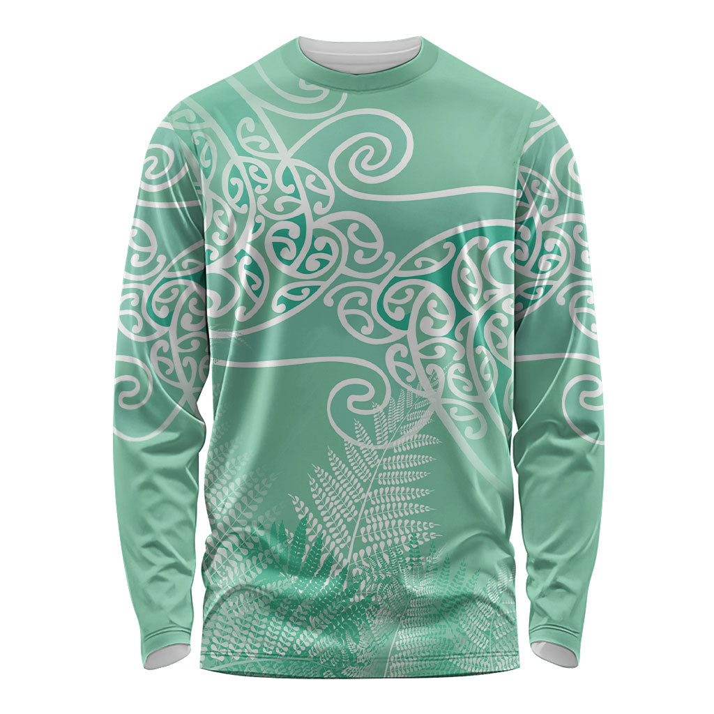 Aotearoa Maori Koru Curves Long Sleeve Shirt Silver Ferns - Mint