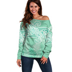Aotearoa Maori Koru Curves Off Shoulder Sweater Silver Ferns - Mint