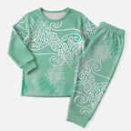 Aotearoa Maori Koru Curves Christmas Pajama Set Silver Ferns - Mint