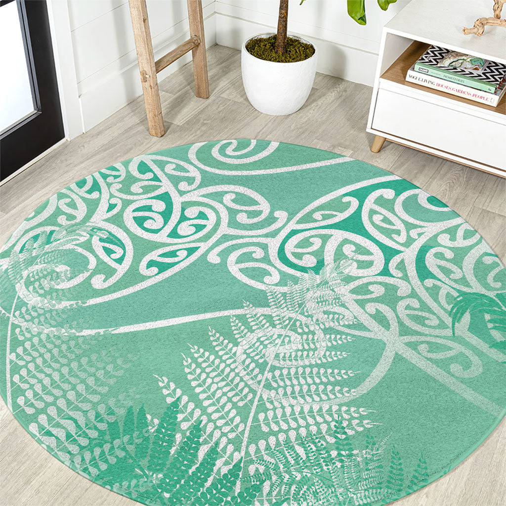 Aotearoa Maori Koru Curves Round Carpet Silver Ferns - Mint