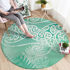 Aotearoa Maori Koru Curves Round Carpet Silver Ferns - Mint