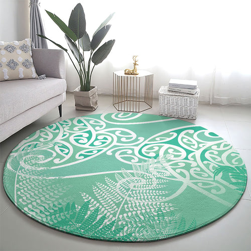 Aotearoa Maori Koru Curves Round Carpet Silver Ferns - Mint