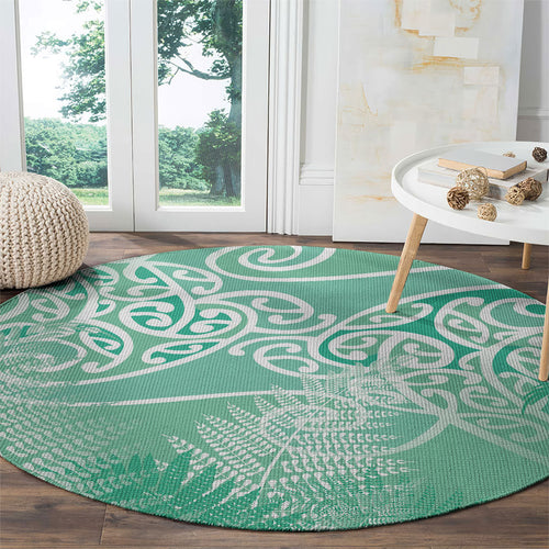 Aotearoa Maori Koru Curves Round Carpet Silver Ferns - Mint
