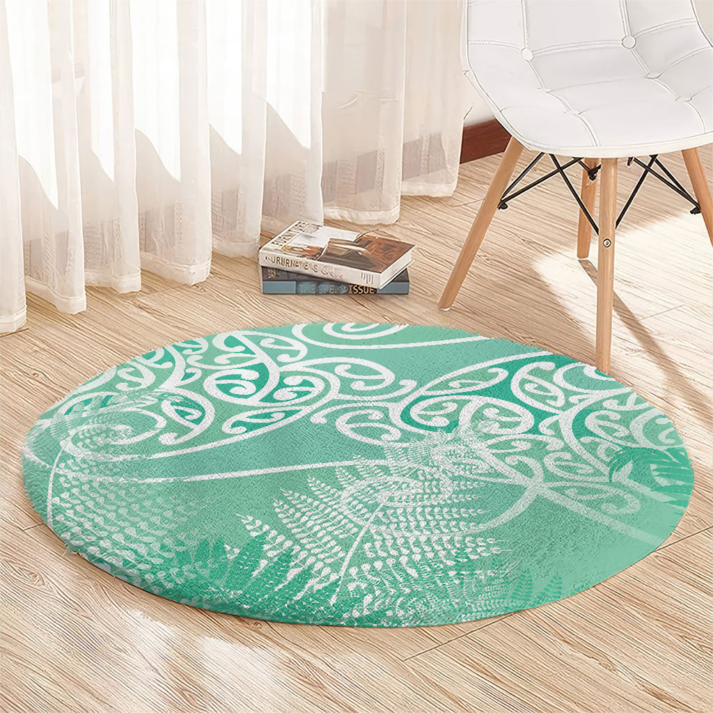 Aotearoa Maori Koru Curves Round Carpet Silver Ferns - Mint