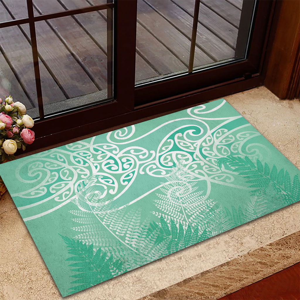 Aotearoa Maori Koru Curves Rubber Doormat Silver Ferns - Mint