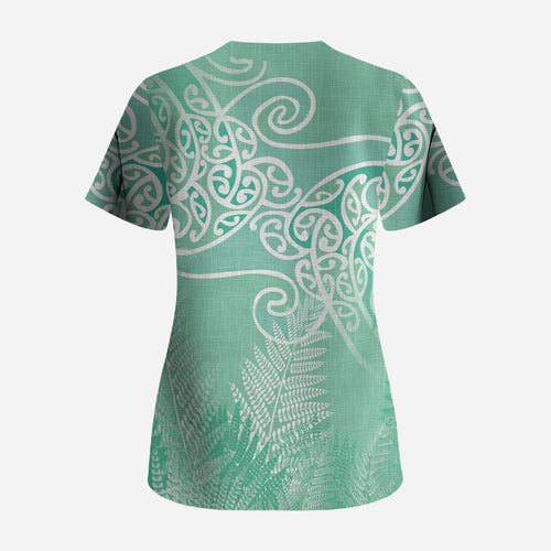 Aotearoa Maori Koru Curves Scrub Top Silver Ferns - Mint