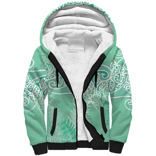 Aotearoa Maori Koru Curves Sherpa Hoodie Silver Ferns - Mint
