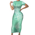 Aotearoa Maori Koru Curves Short Sleeve Bodycon Dress Silver Ferns - Mint
