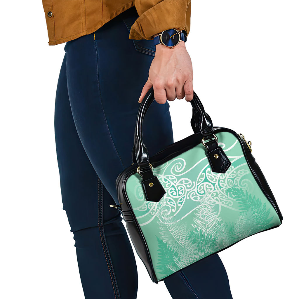 Aotearoa Maori Koru Curves Shoulder Handbag Silver Ferns - Mint