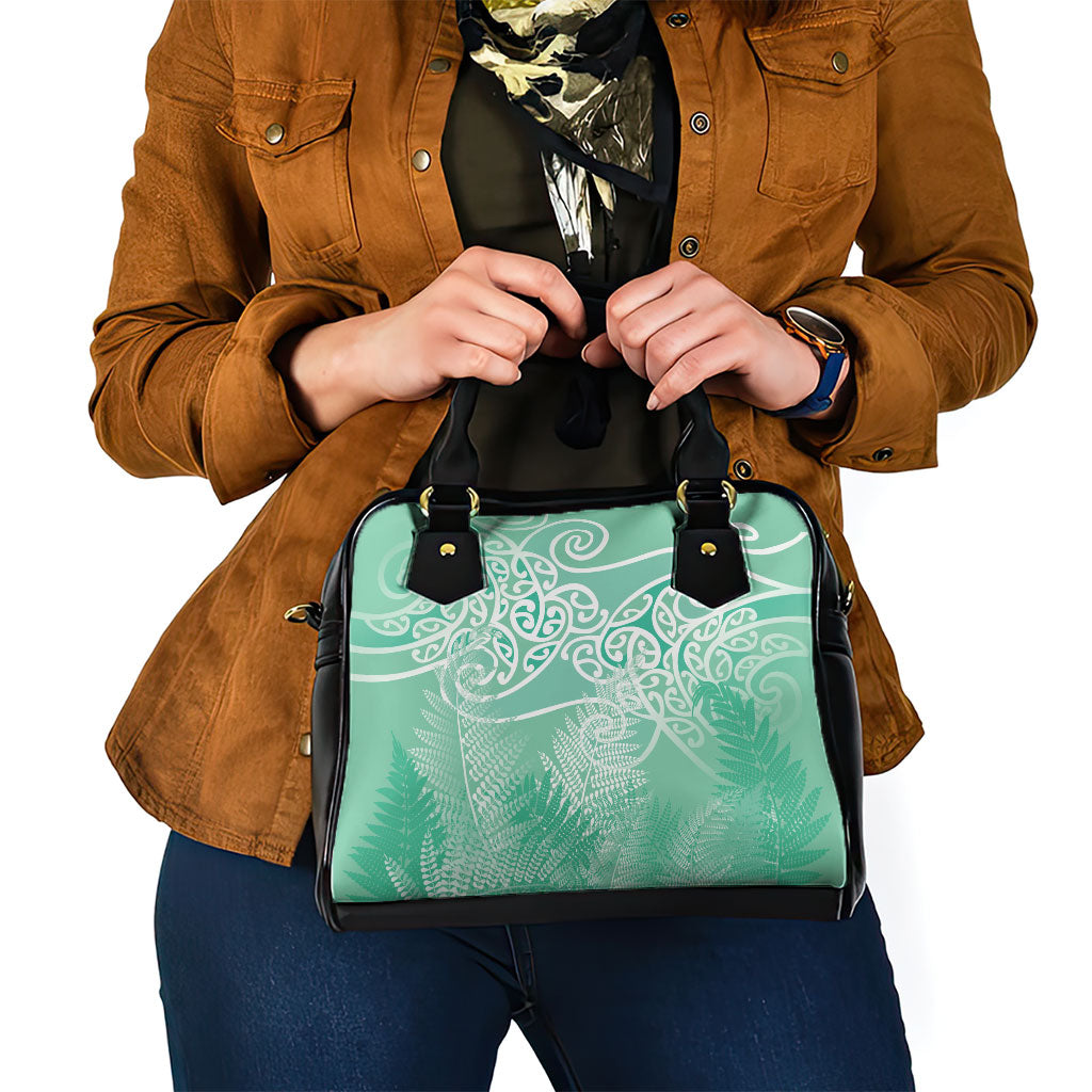 Aotearoa Maori Koru Curves Shoulder Handbag Silver Ferns - Mint
